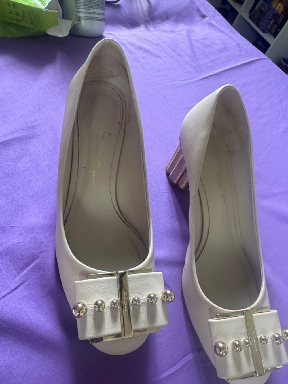 Salvatore Ferragamo Cream Bow Pumps with Gold Stud Detail